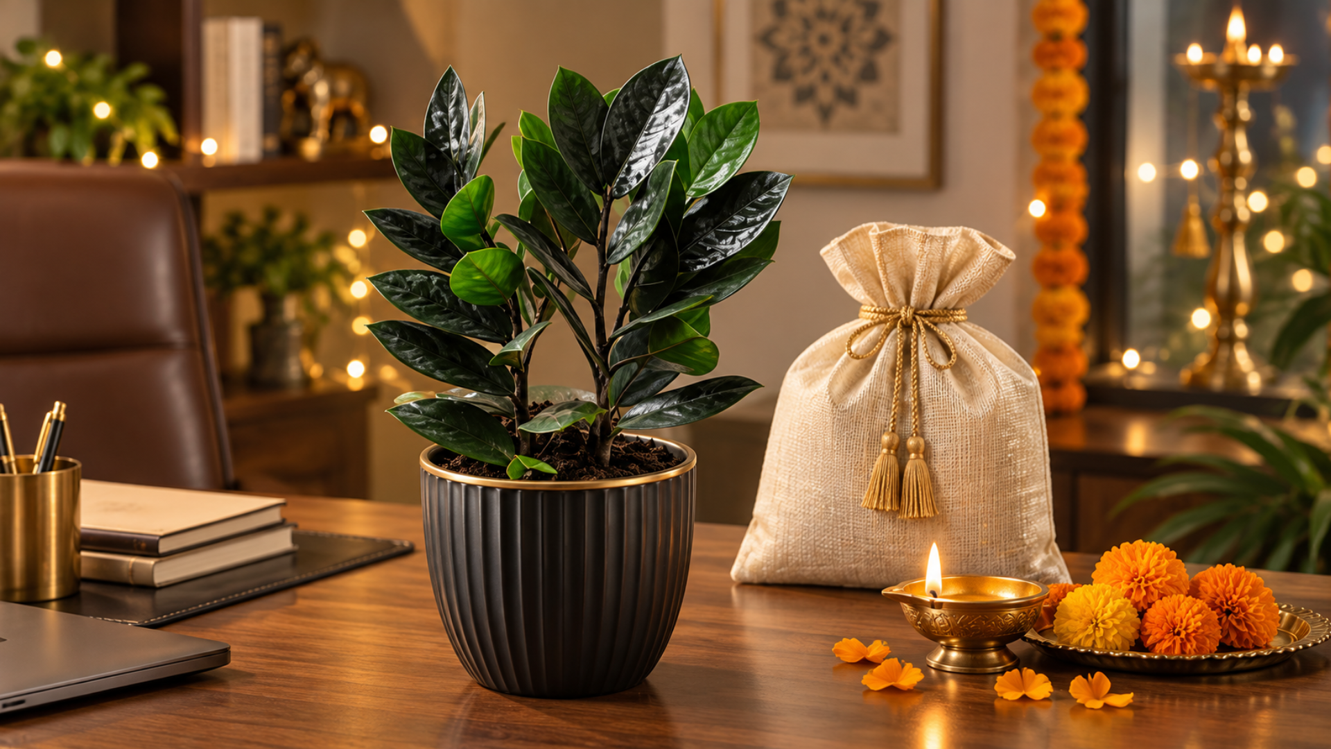 Black ZZ Plant in a designer ceramic pot